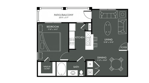 Floor plan for 1 bed, 1 bath, 726 sqft